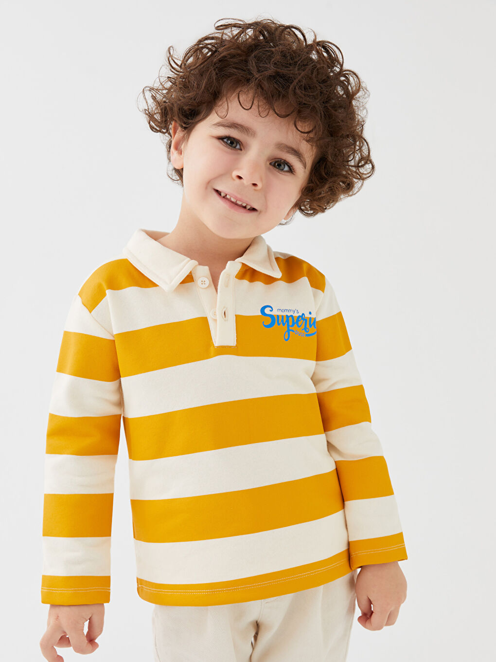Sarı Polo Yaka Uzun Kollu Çizgili Erkek Bebek Sweatshirt