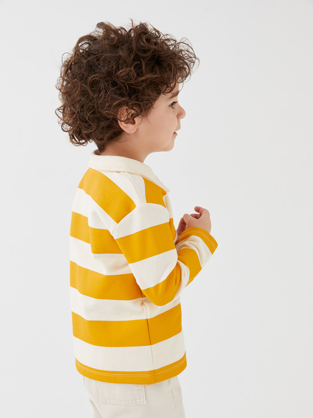 Sarı Polo Yaka Uzun Kollu Çizgili Erkek Bebek Sweatshirt-2