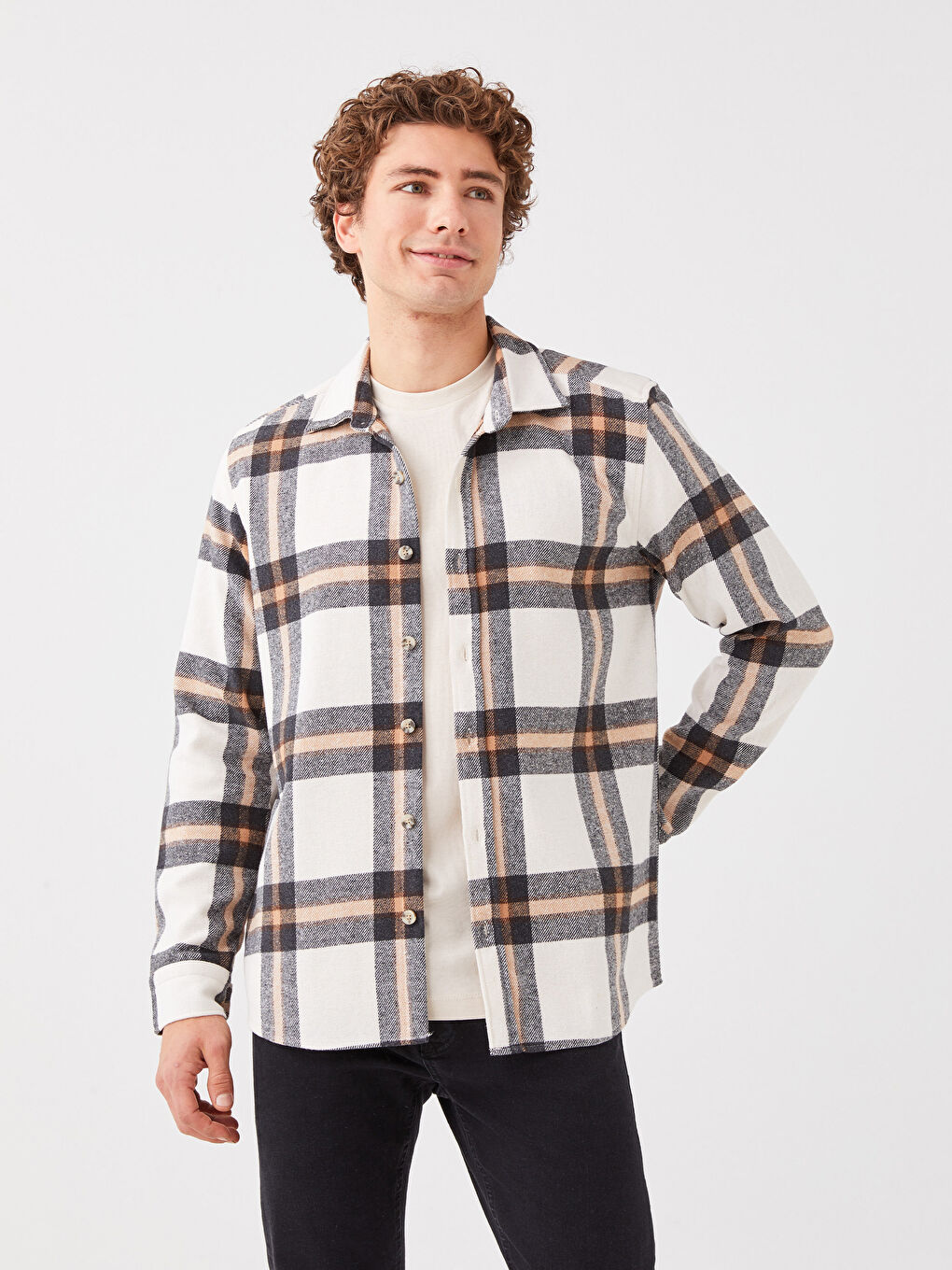 Bej Regular Fit Uzun Kollu Ekose Erkek Oduncu Gömlek