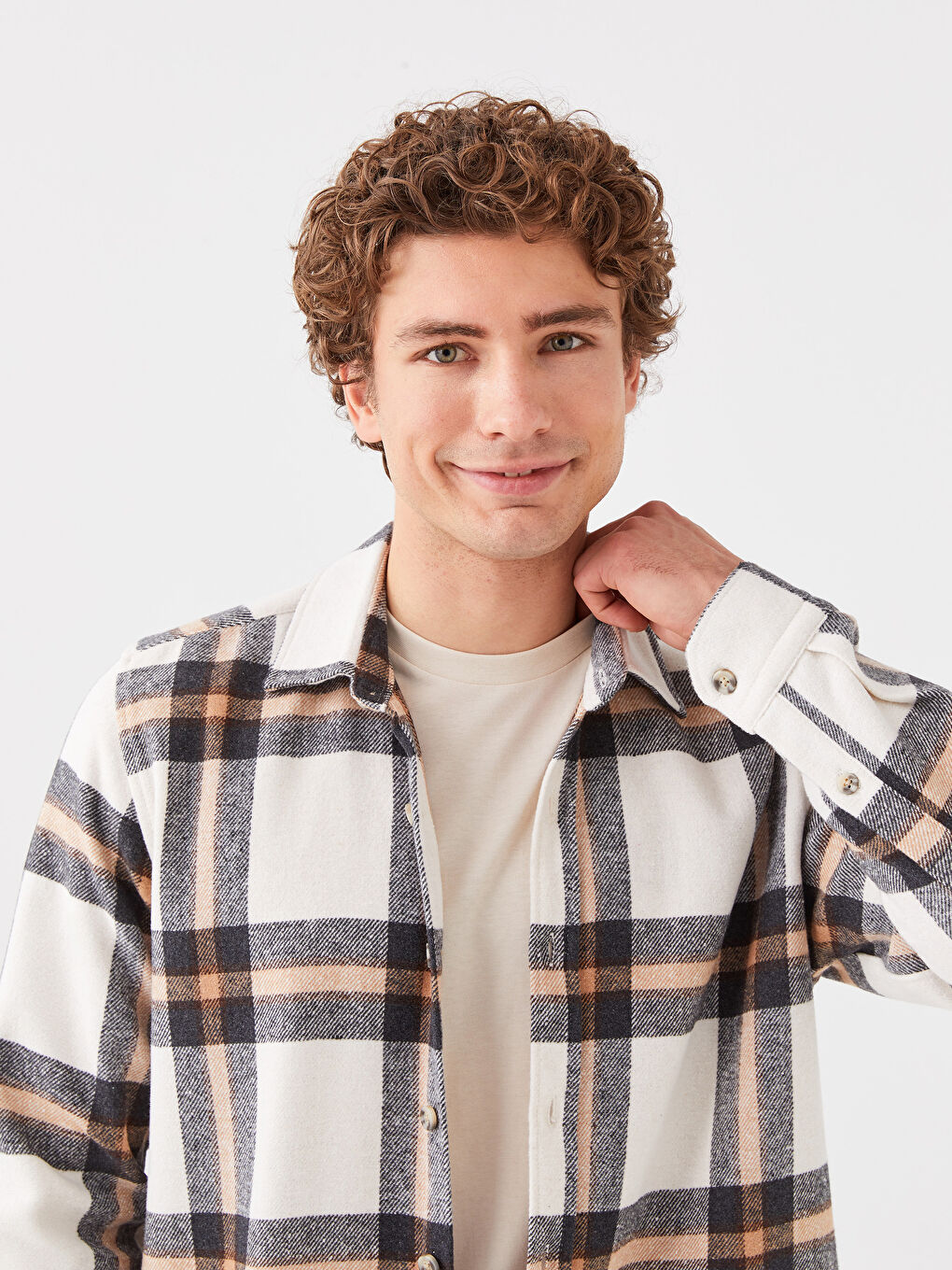 Bej Regular Fit Uzun Kollu Ekose Erkek Oduncu Gömlek-1