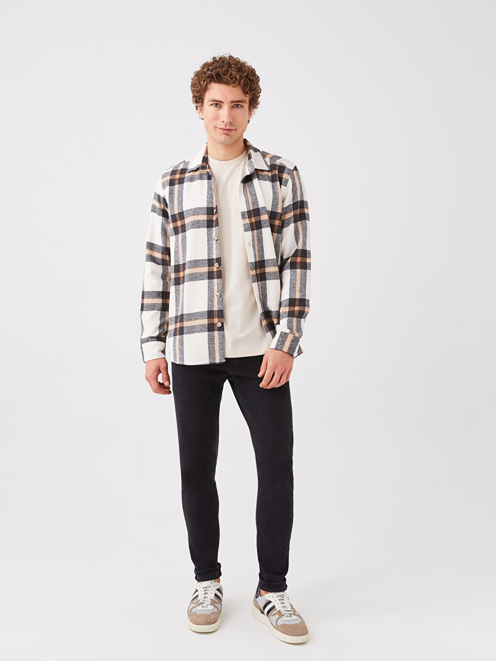 Bej Regular Fit Uzun Kollu Ekose Erkek Oduncu Gömlek-2