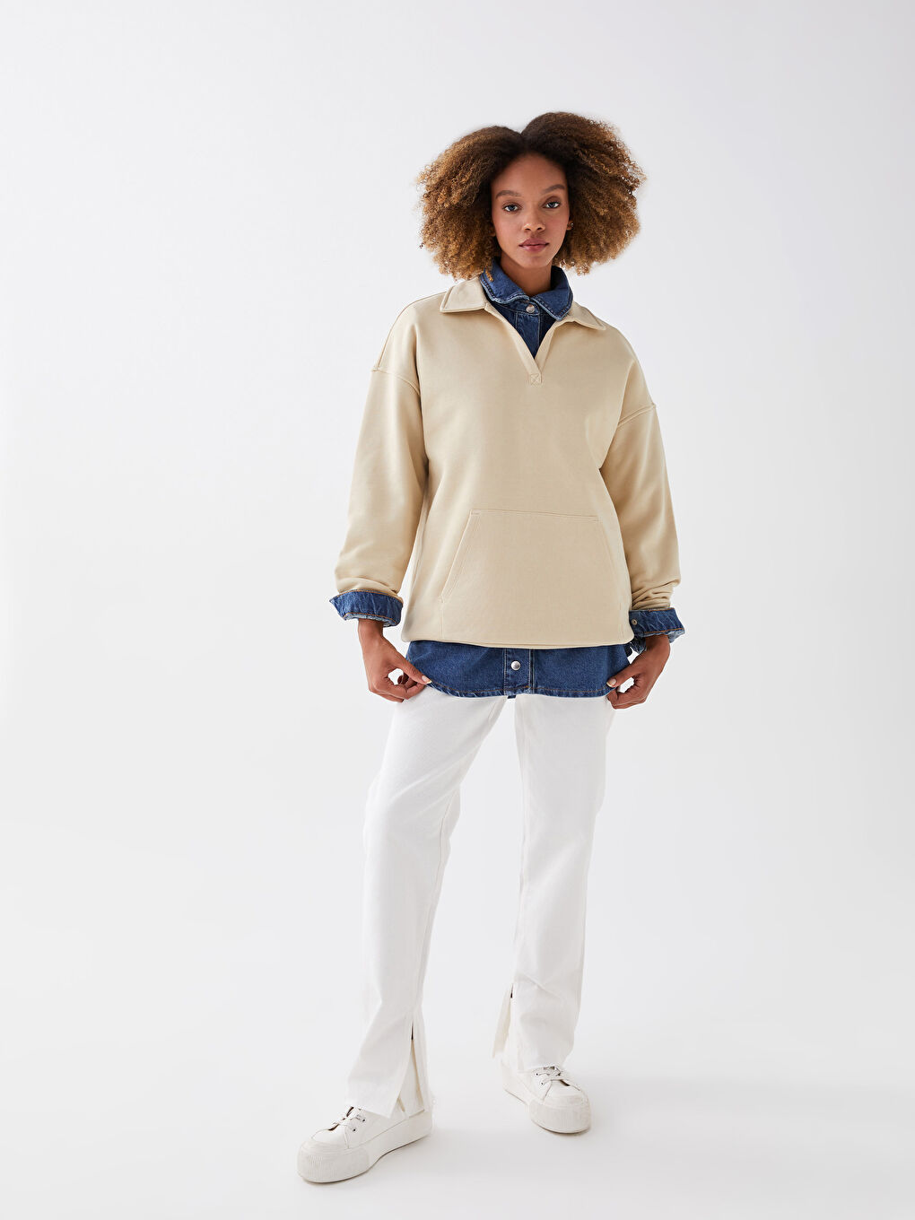 Bej Polo Yaka Düz Uzun Kollu Kadın Sweatshirt-2