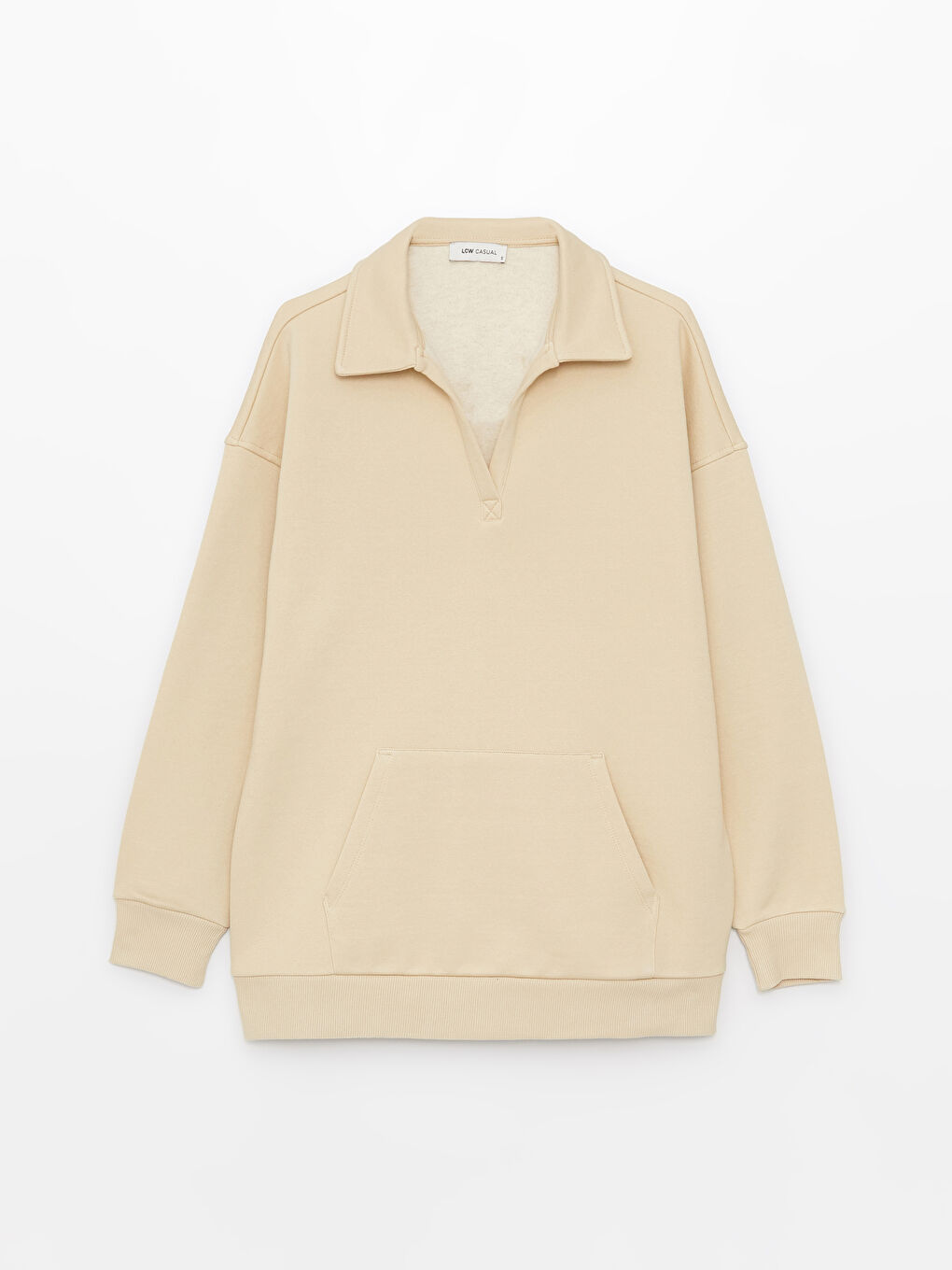 Bej Polo Yaka Düz Uzun Kollu Kadın Sweatshirt-5