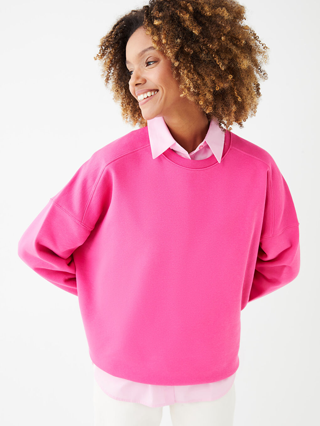 Fuşya Bisiklet Yaka Düz Kadın Kalın Sweatshirt
