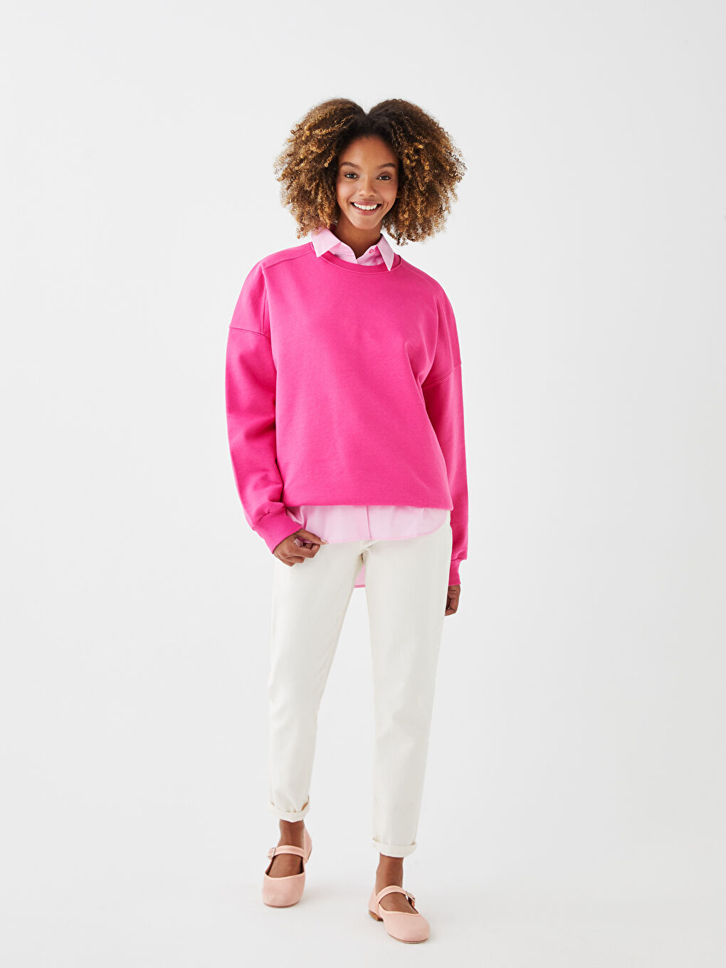 Fuşya Bisiklet Yaka Düz Kadın Kalın Sweatshirt-1