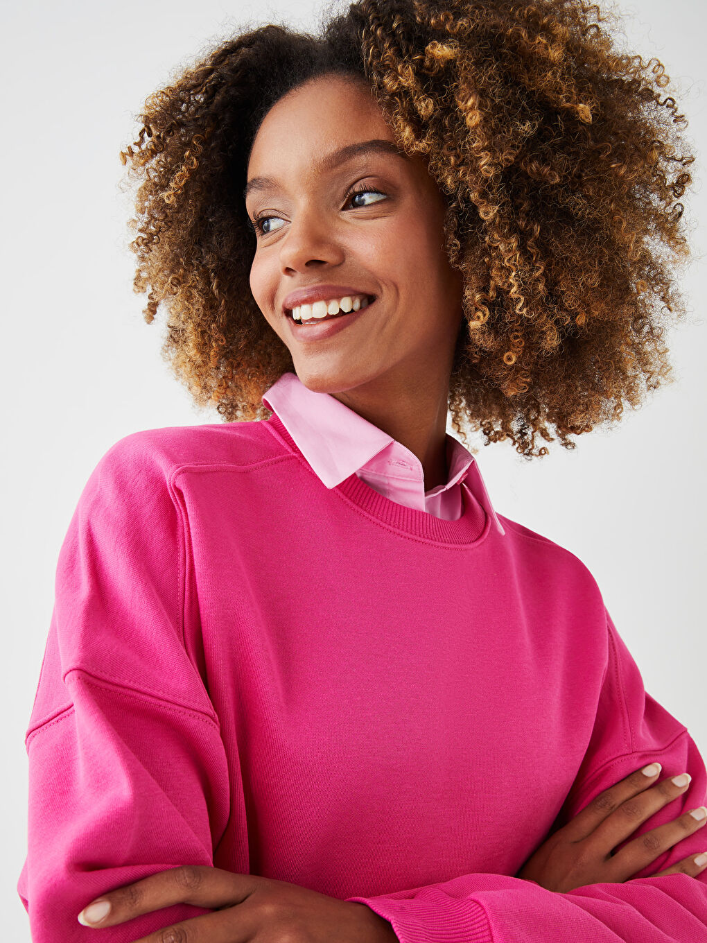 Fuşya Bisiklet Yaka Düz Kadın Kalın Sweatshirt-2