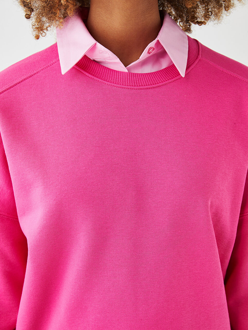 Fuşya Bisiklet Yaka Düz Kadın Kalın Sweatshirt-3