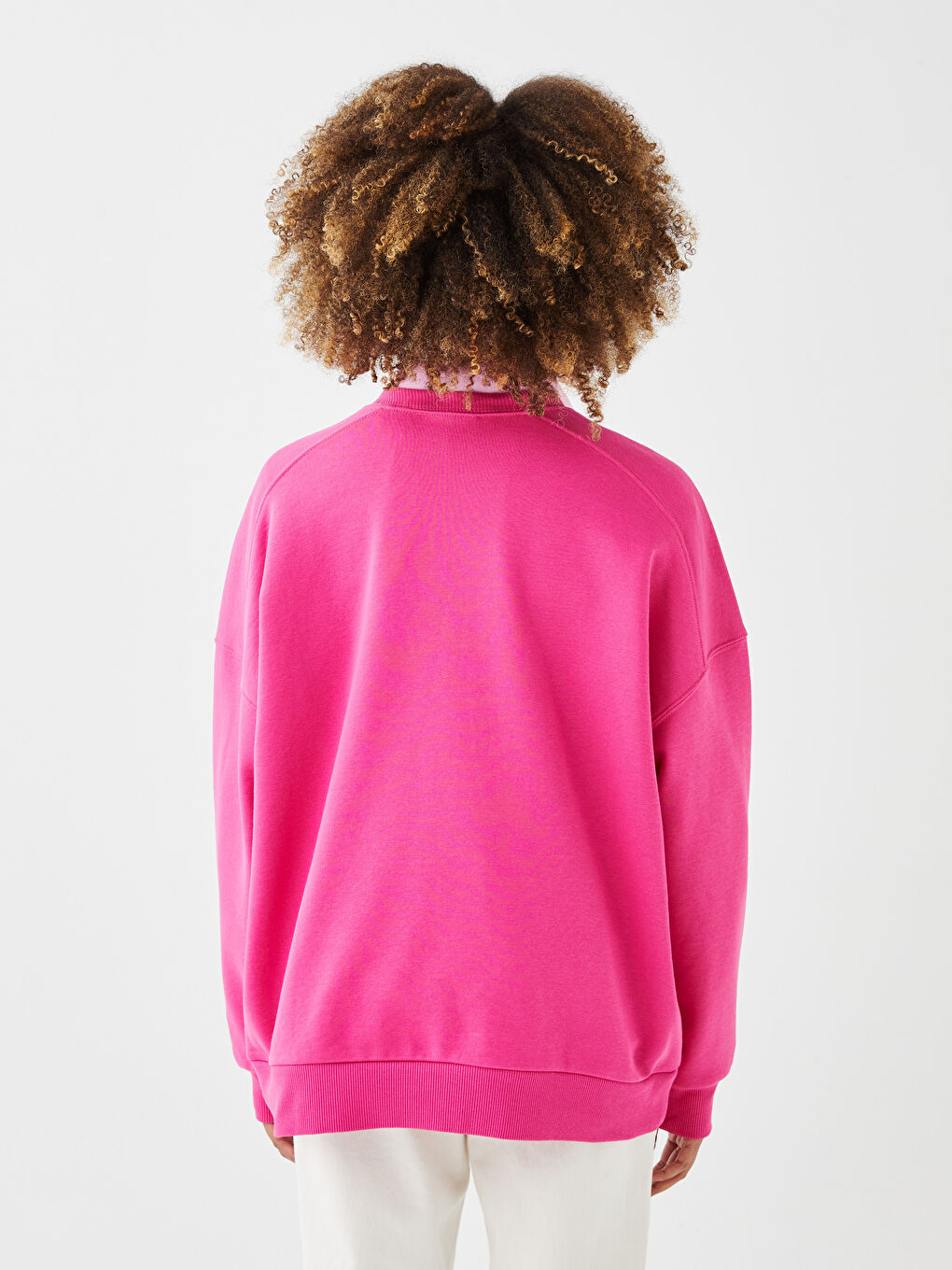 Fuşya Bisiklet Yaka Düz Kadın Kalın Sweatshirt-4