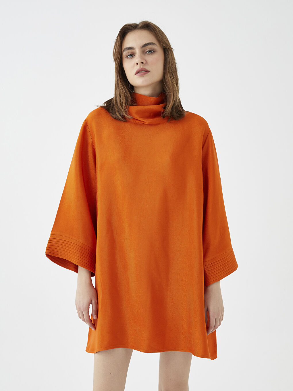 Turuncu Dik Yaka Düz Oversize Kadın Elbise-2