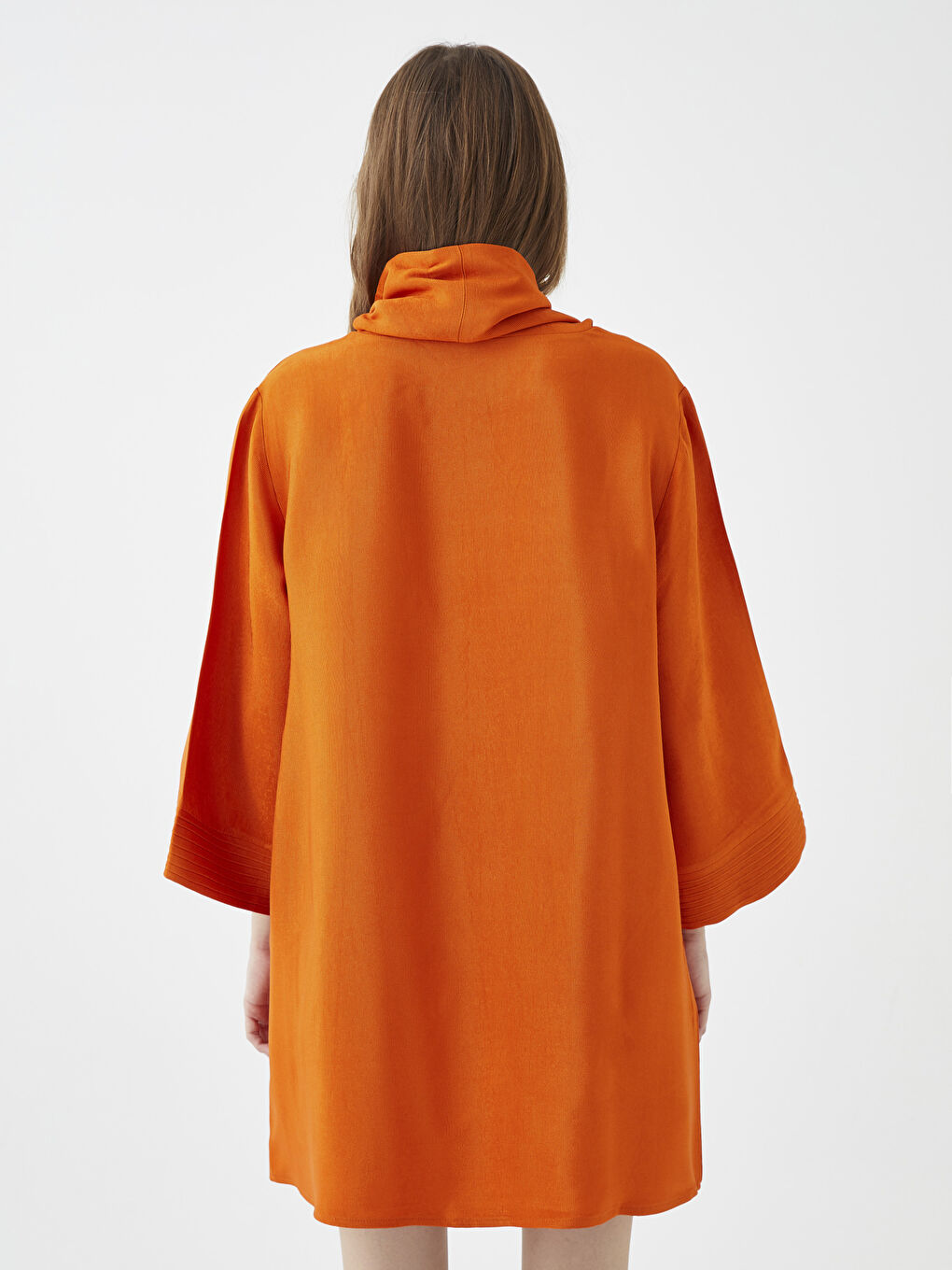 Turuncu Dik Yaka Düz Oversize Kadın Elbise-4