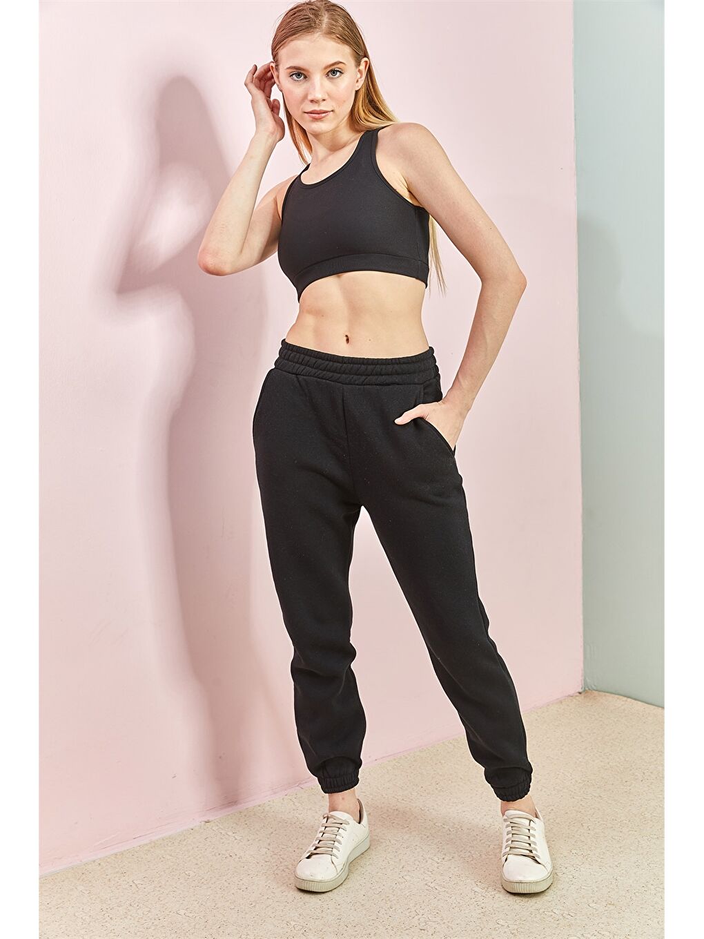 Siyah Kadın Beli Lastikli Düz Eşofman Altı