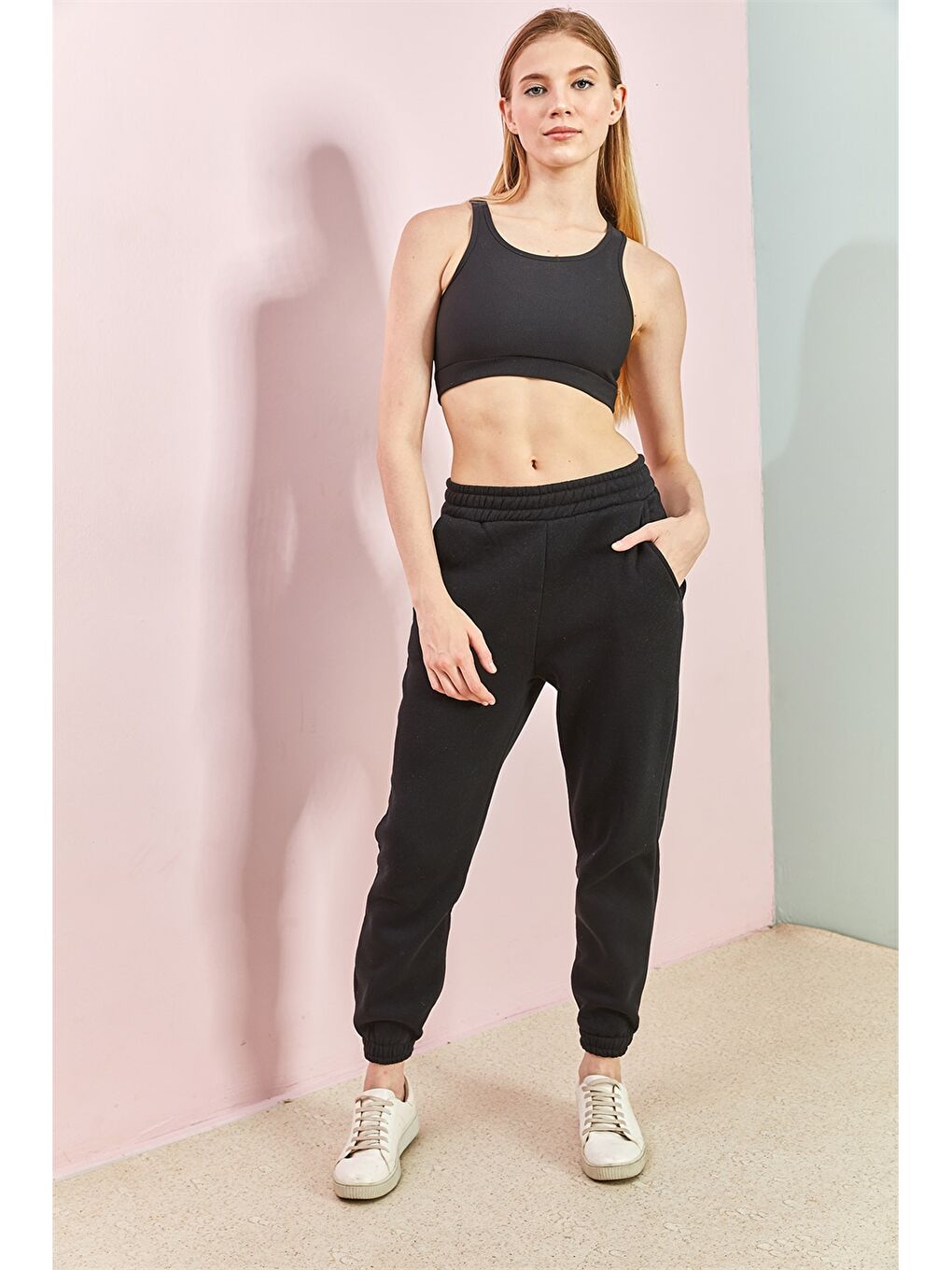 Siyah Kadın Beli Lastikli Düz Eşofman Altı-5