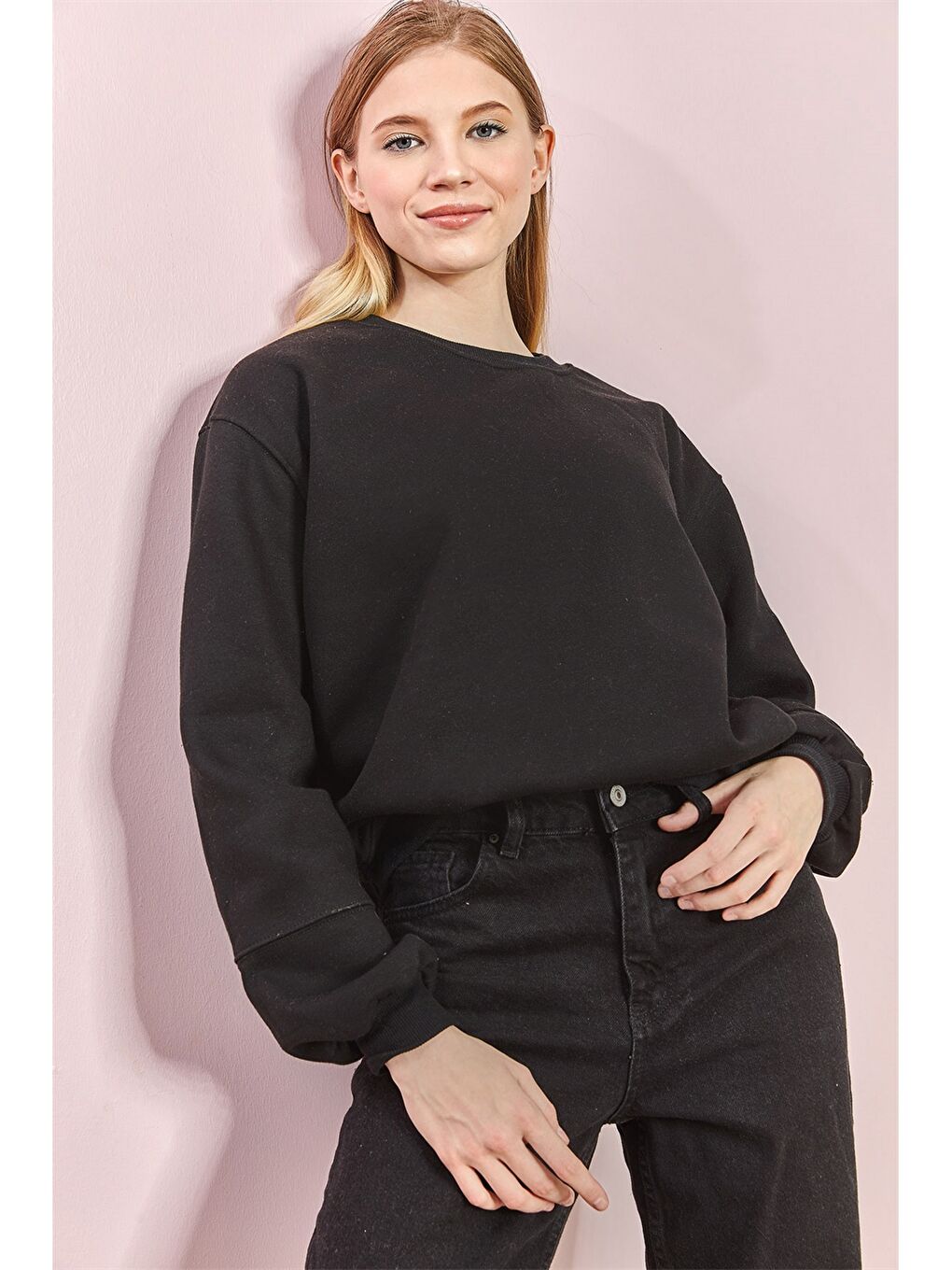 Sweat-shirt en Coton Uni à Manches Longues pour Femmes avec Col Rond