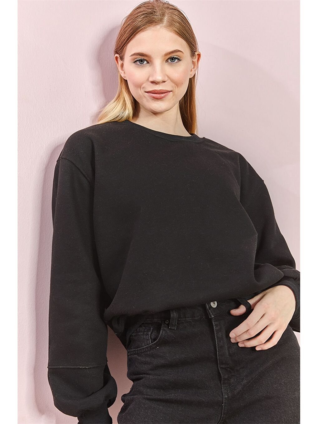 Sweat-shirt en Coton Uni à Manches Longues pour Femmes avec Col Rond-1