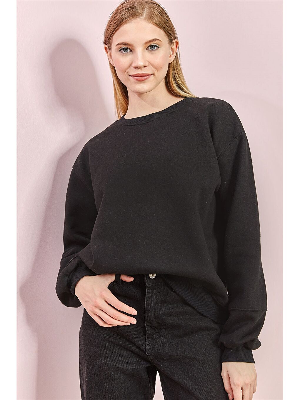 Sweat-shirt en Coton Uni à Manches Longues pour Femmes avec Col Rond-3