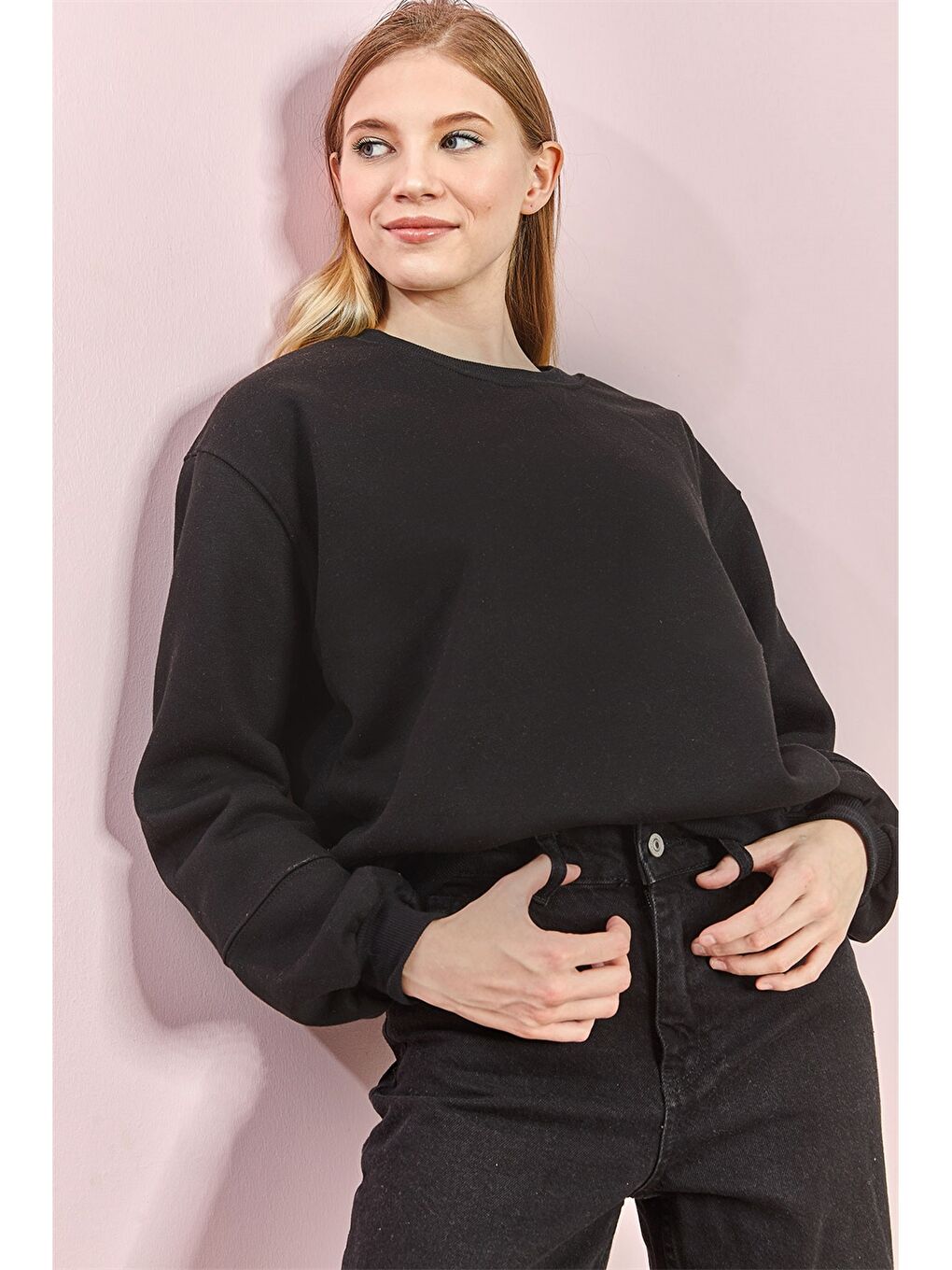 Sweat-shirt en Coton Uni à Manches Longues pour Femmes avec Col Rond-4