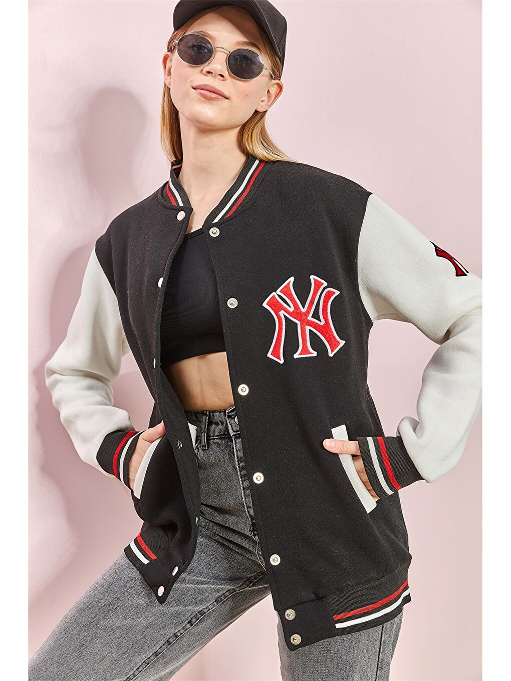 Kırmızı Kolej Yaka Baskılı Uzun Kollu Oversize Kadın Spor Hırka