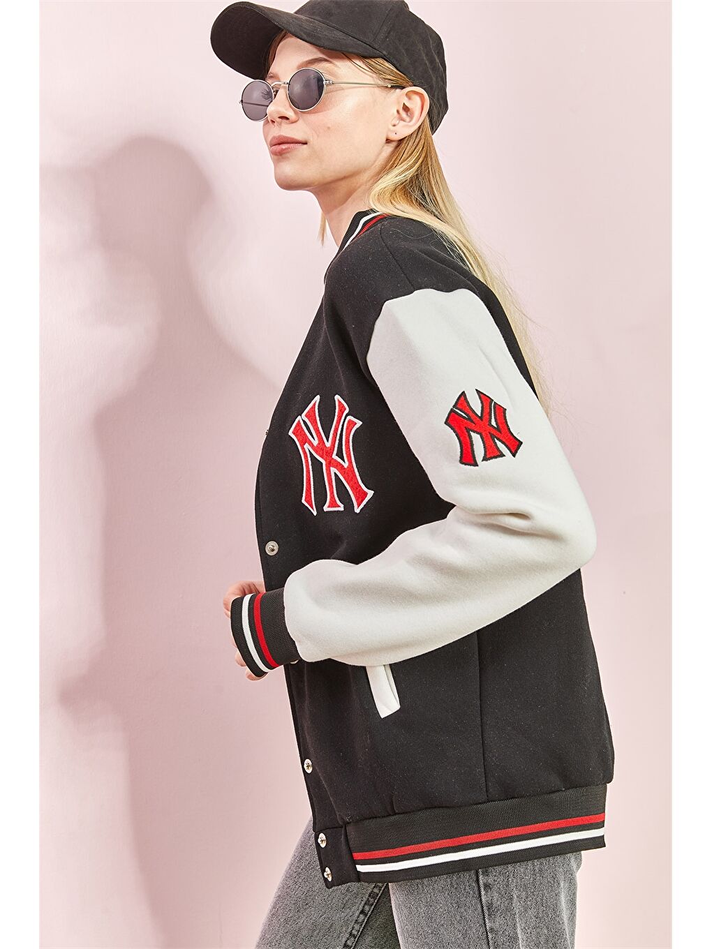 Kırmızı Kolej Yaka Baskılı Uzun Kollu Oversize Kadın Spor Hırka-1