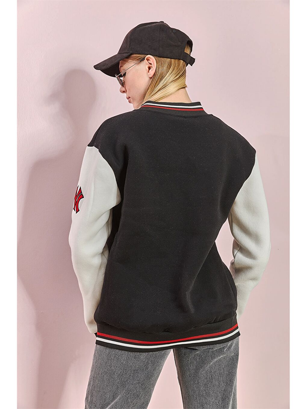 Kırmızı Kolej Yaka Baskılı Uzun Kollu Oversize Kadın Spor Hırka-2