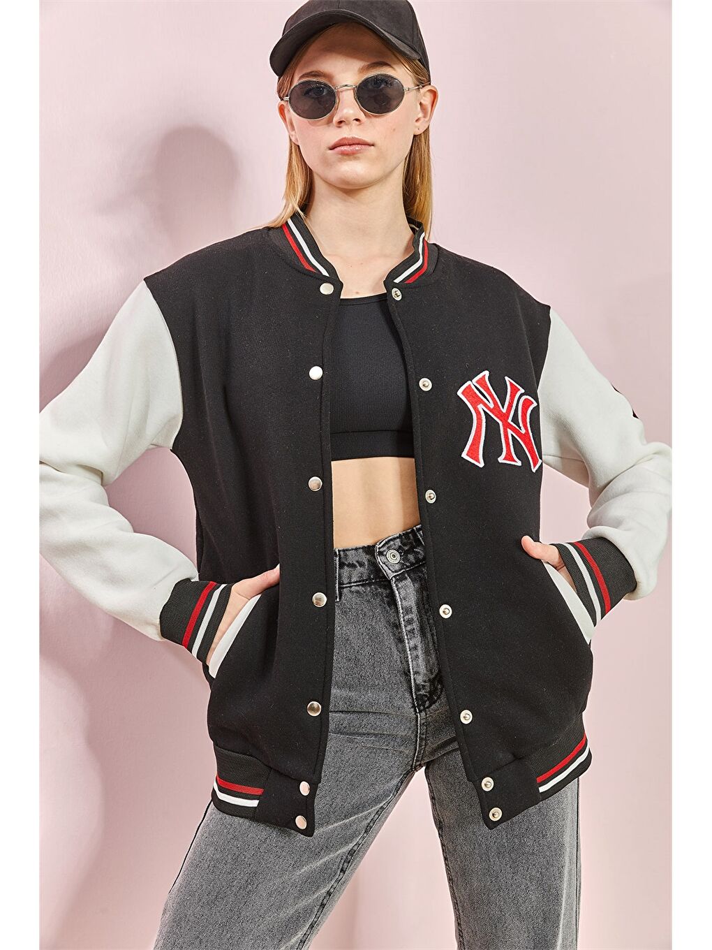 Kırmızı Kolej Yaka Baskılı Uzun Kollu Oversize Kadın Spor Hırka-3