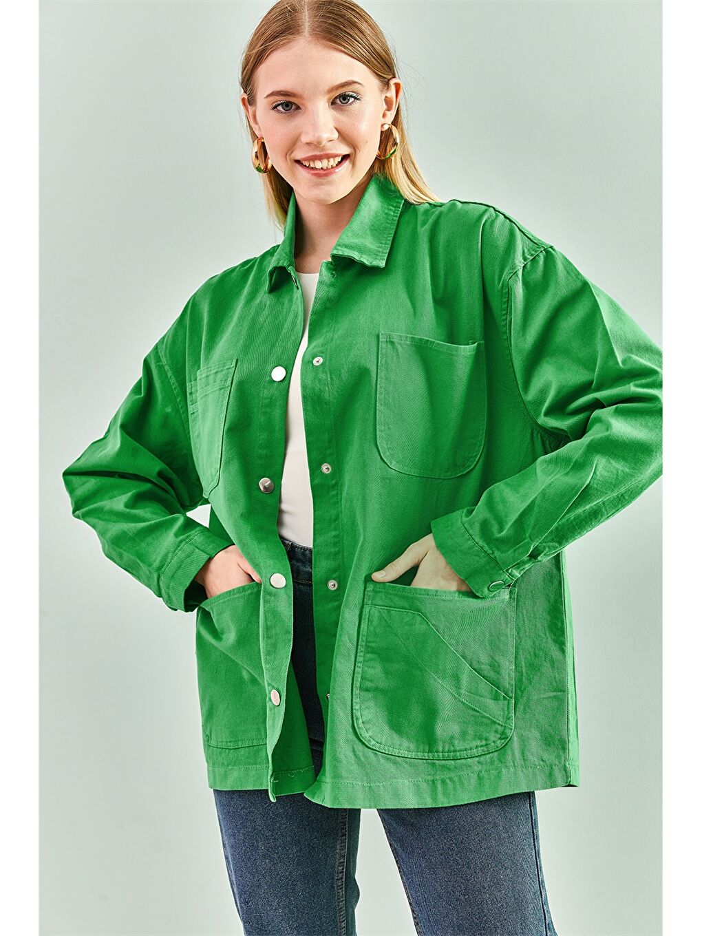 Yeşil Gömlek Yaka Oversize Kadın Ceket