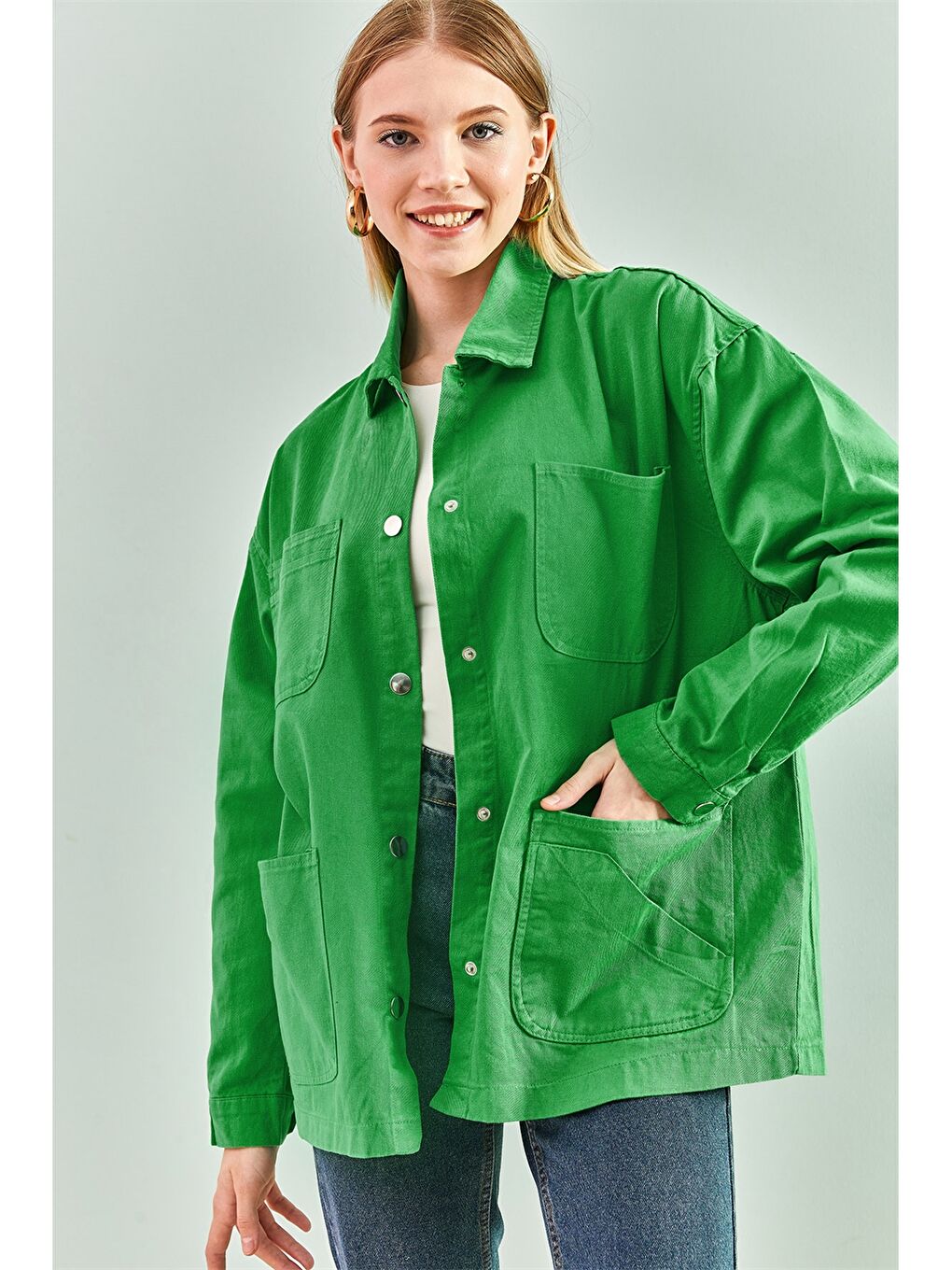 Yeşil Gömlek Yaka Oversize Kadın Ceket-1