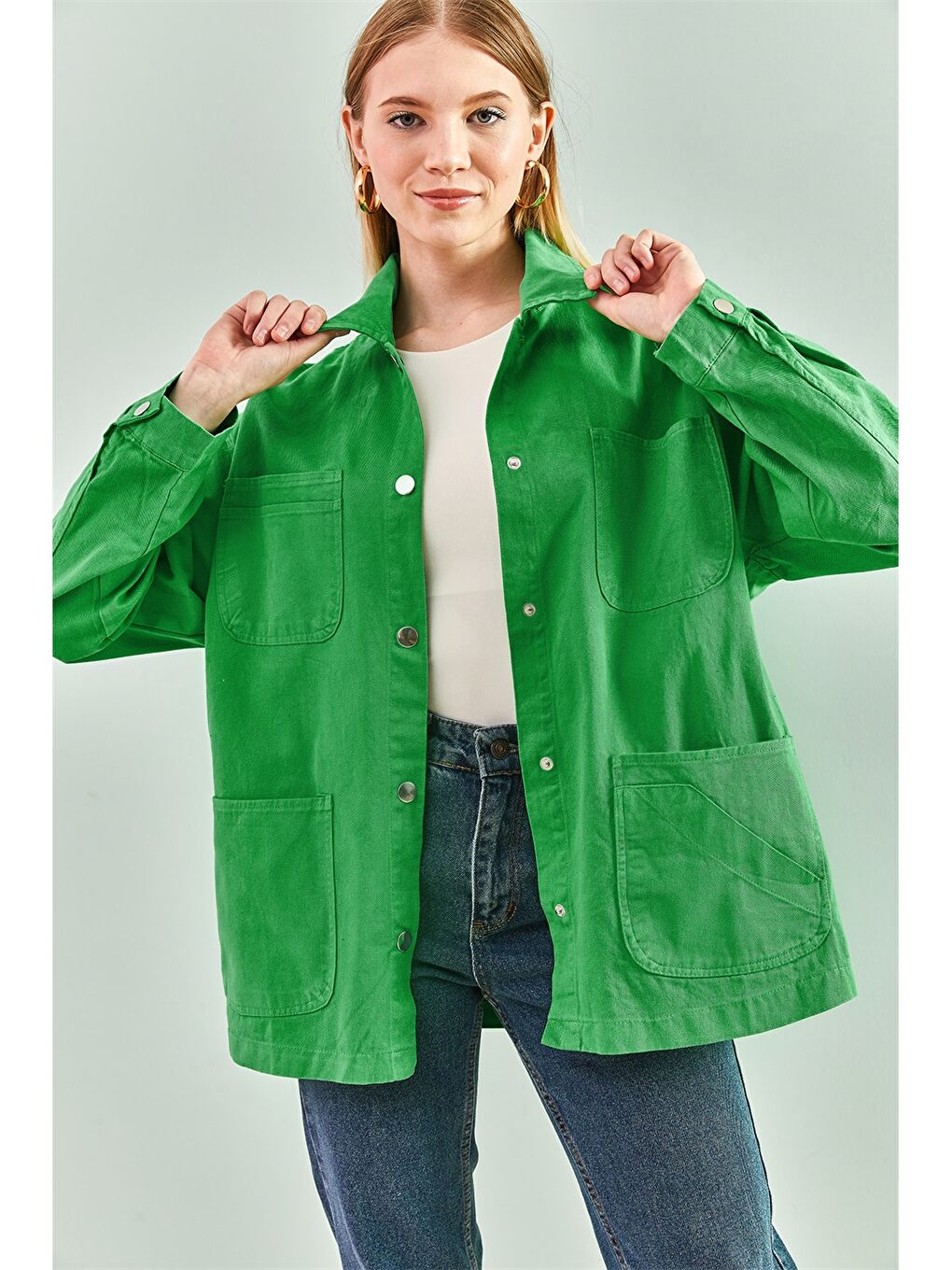 Yeşil Gömlek Yaka Oversize Kadın Ceket-2