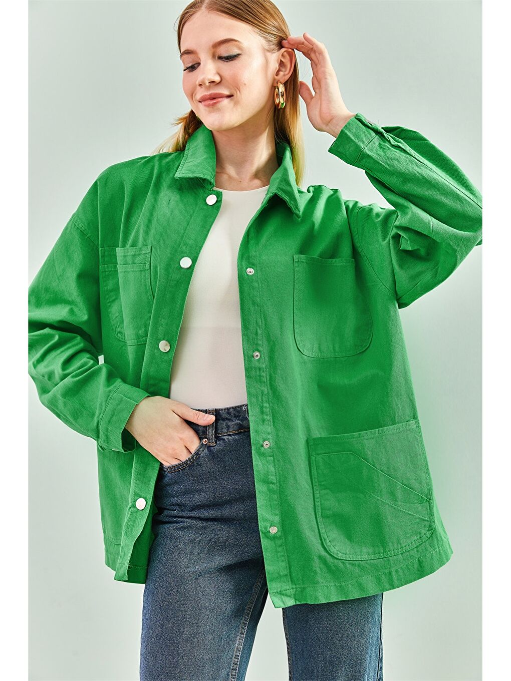 Yeşil Gömlek Yaka Oversize Kadın Ceket-3