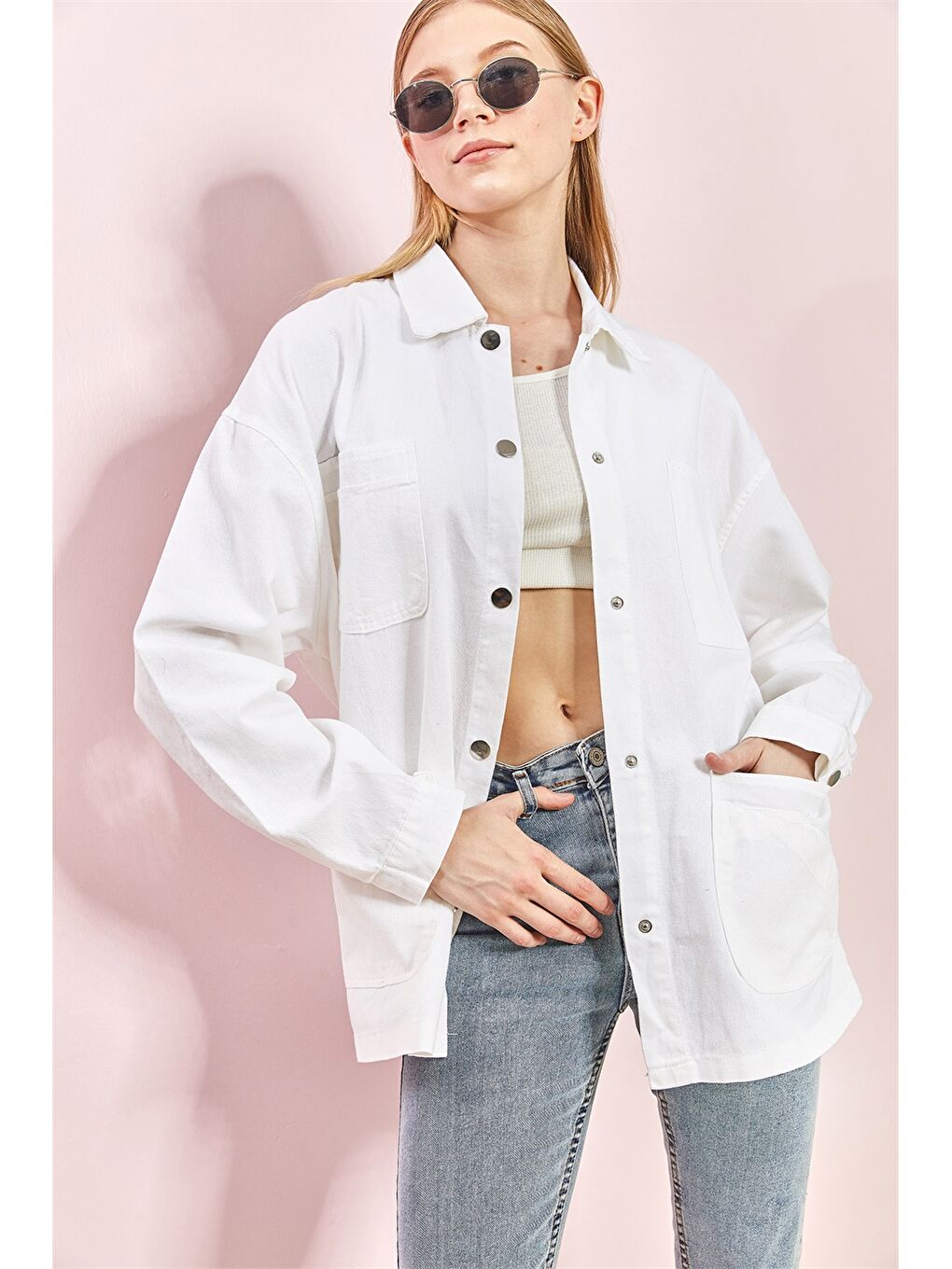 Beyaz Gömlek Yaka Oversize Kadın Ceket-2