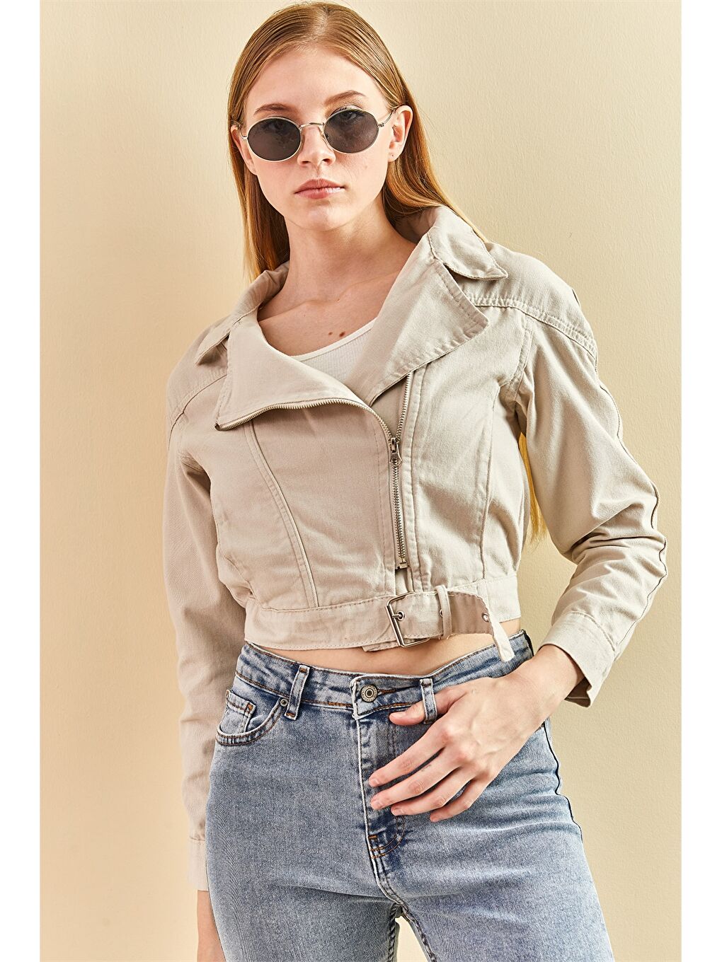 Biker Yaka Düz Uzun Kollu Pamuklu Kadın Ceket