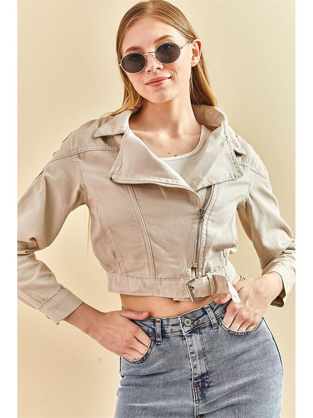 Biker Yaka Düz Uzun Kollu Pamuklu Kadın Ceket-1
