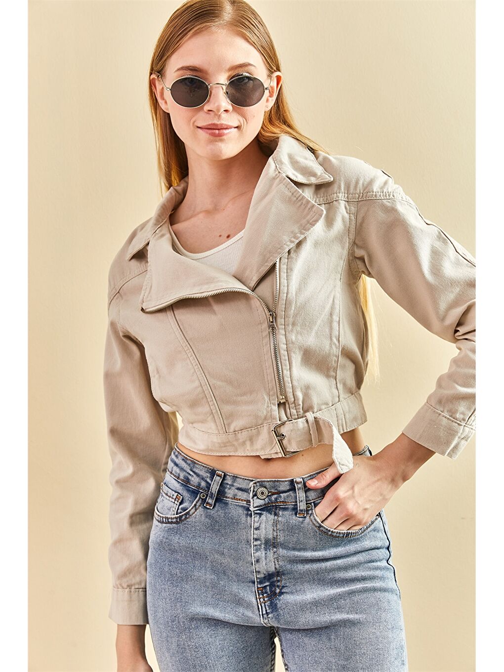 Biker Yaka Düz Uzun Kollu Pamuklu Kadın Ceket-2