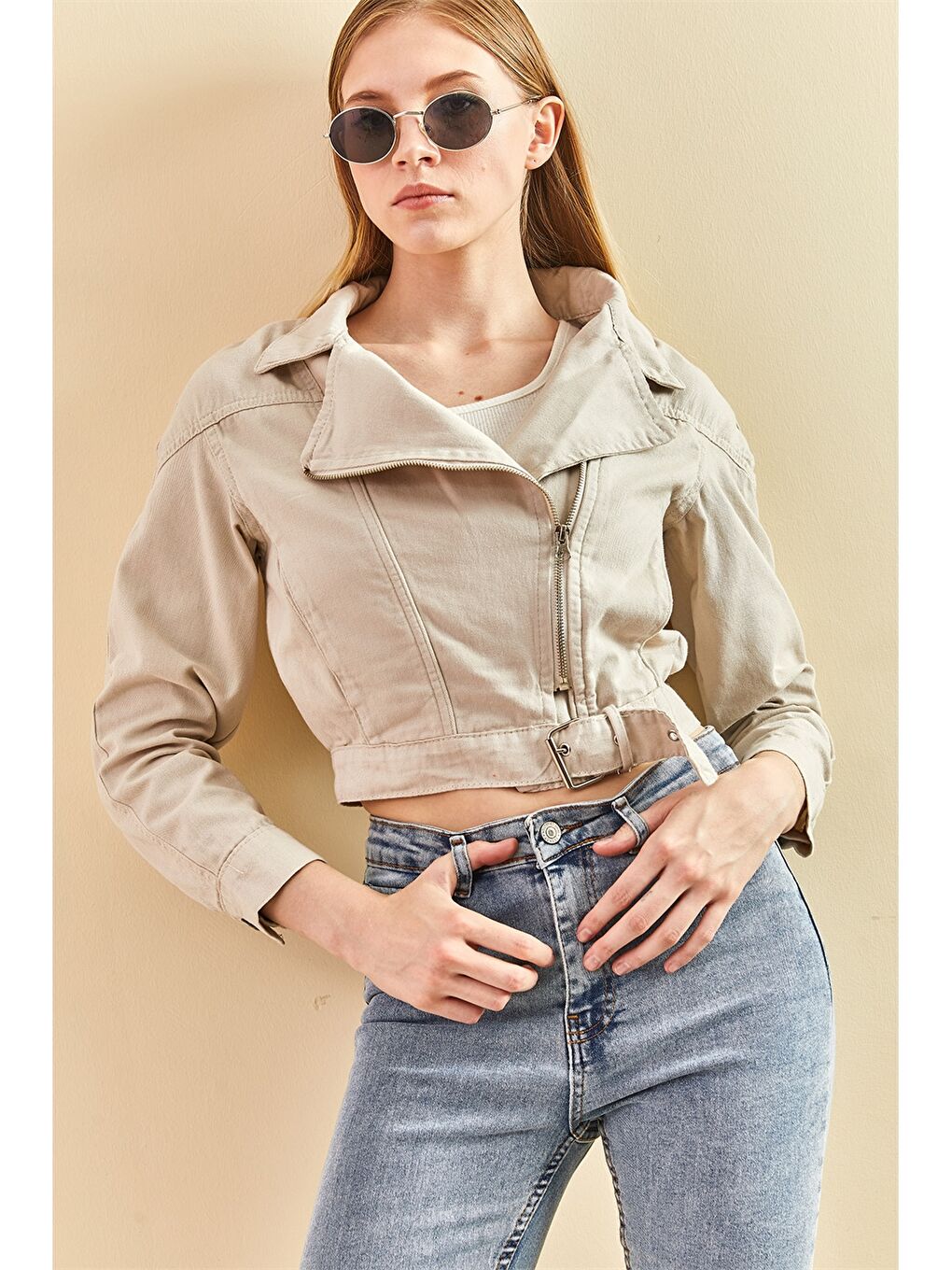 Biker Yaka Düz Uzun Kollu Pamuklu Kadın Ceket-4