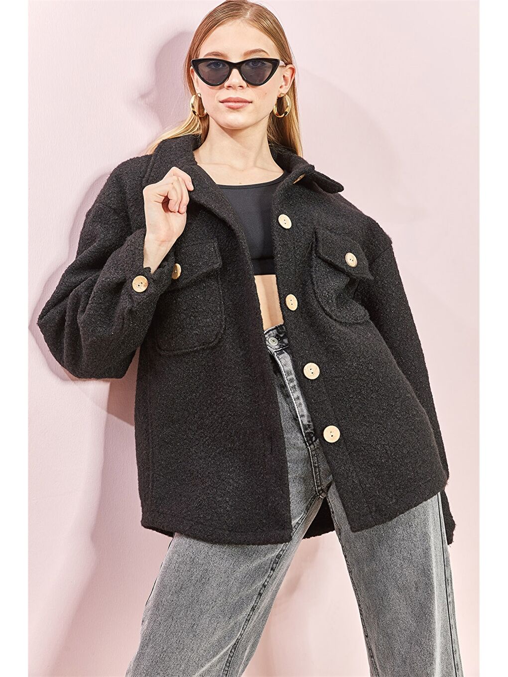 Siyah Gömlek Yaka Oversize Kadın Ceket-1
