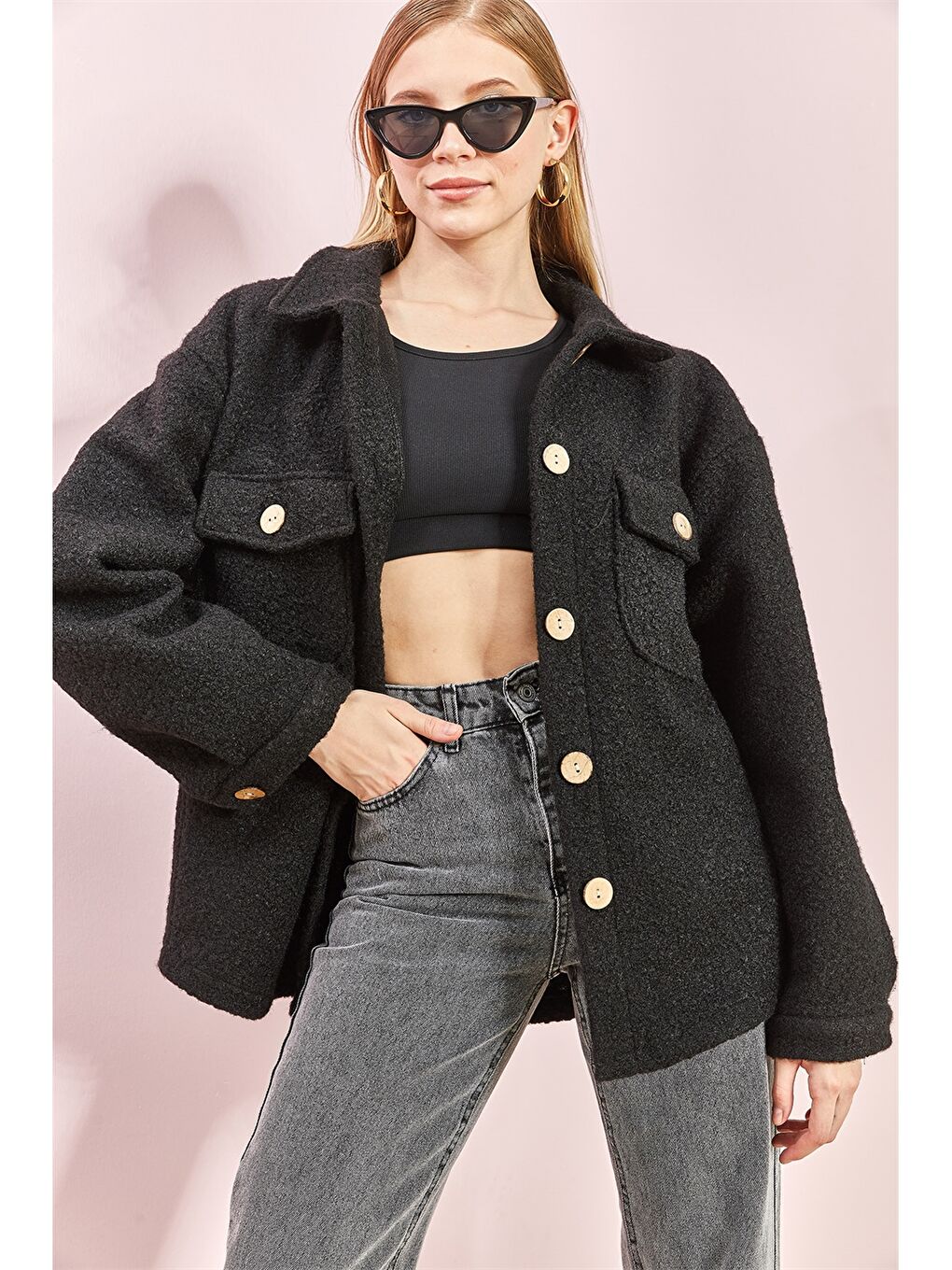 Siyah Gömlek Yaka Oversize Kadın Ceket-2