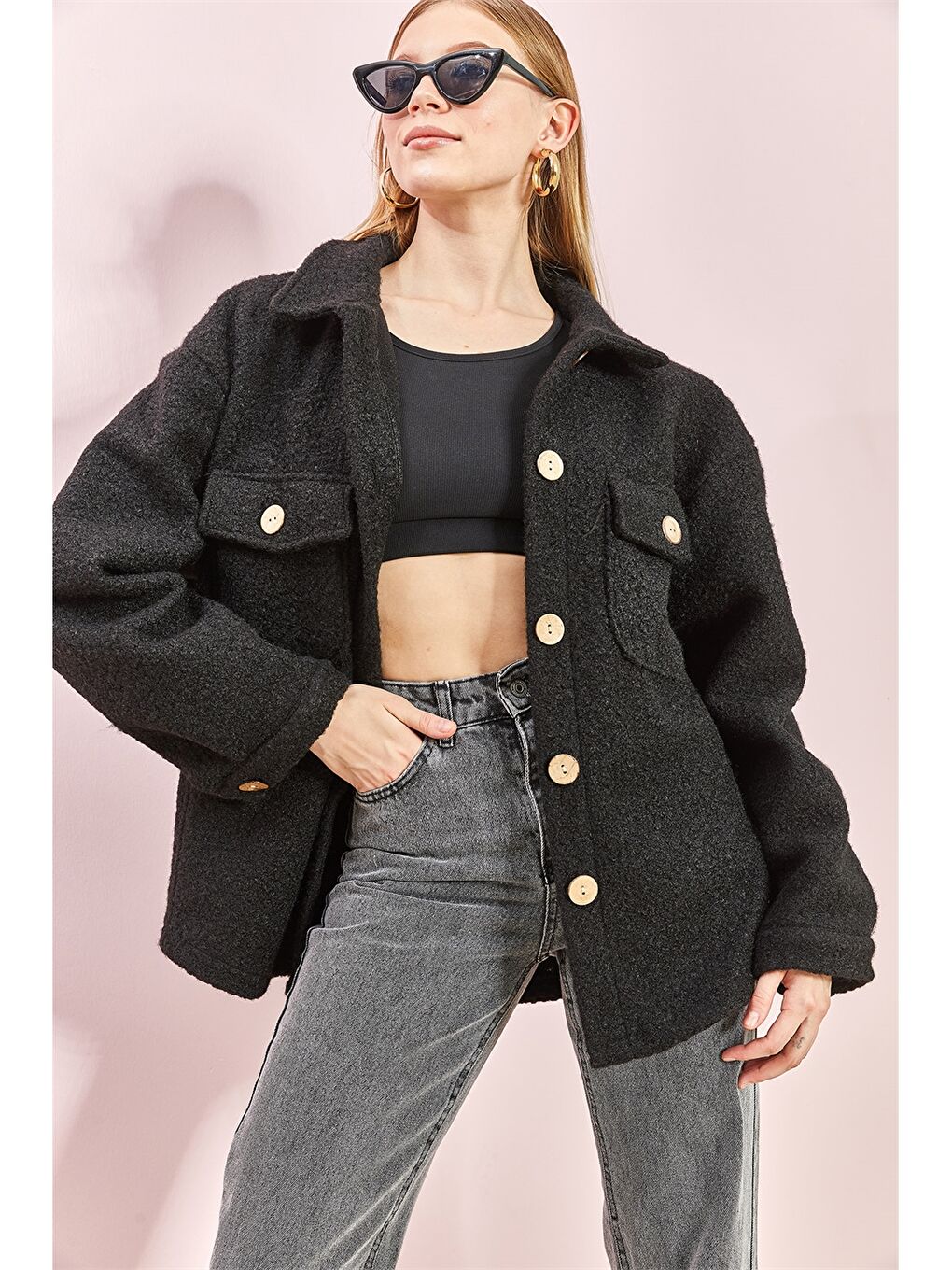 Siyah Gömlek Yaka Oversize Kadın Ceket-3