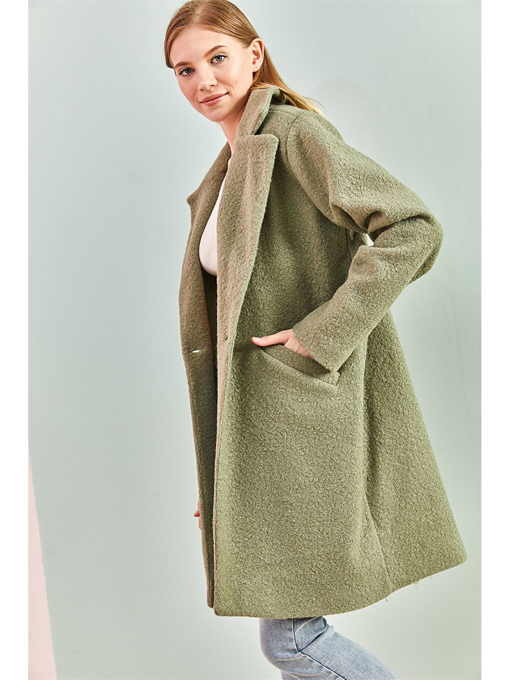 Yeşil Ceket Yaka Düz Uzun Kollu Oversize Kadın Kaban