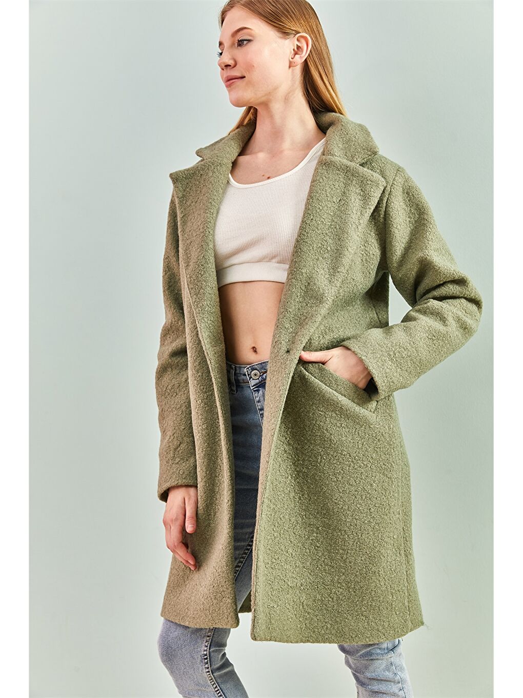 Yeşil Ceket Yaka Düz Uzun Kollu Oversize Kadın Kaban-1
