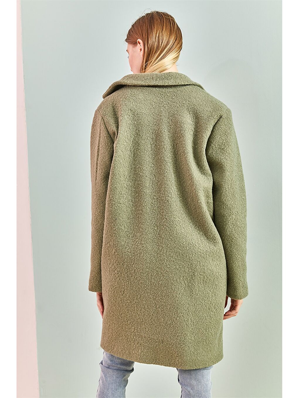 Yeşil Ceket Yaka Düz Uzun Kollu Oversize Kadın Kaban-2