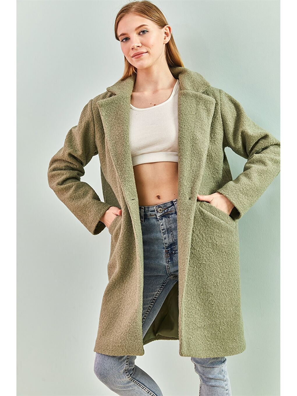 Yeşil Ceket Yaka Düz Uzun Kollu Oversize Kadın Kaban-3