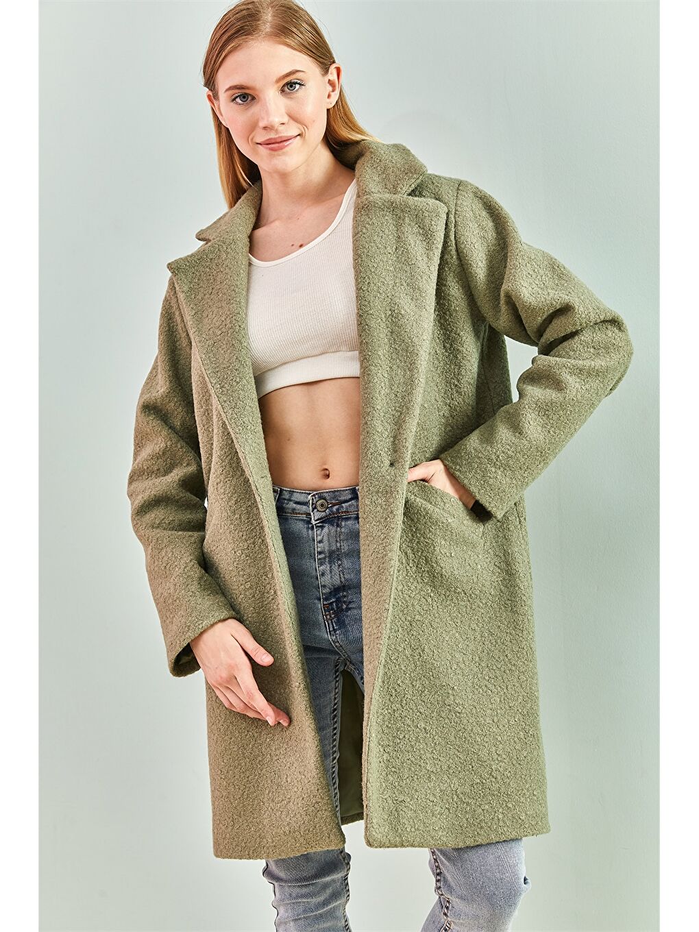 Yeşil Ceket Yaka Düz Uzun Kollu Oversize Kadın Kaban-4