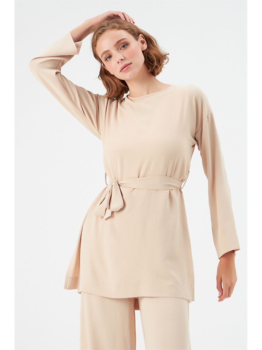 Bej Bisiklet Yaka Düz Uzun Kollu Aerobin Kadın Tunik ve Pantolon Takımı-1