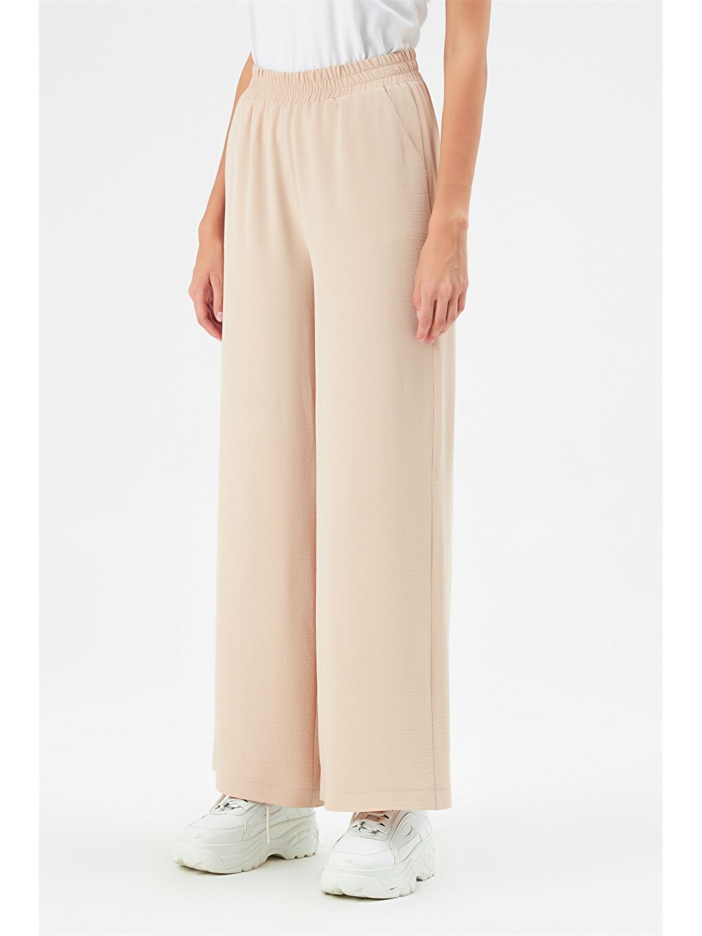 Bej Bisiklet Yaka Düz Uzun Kollu Aerobin Kadın Tunik ve Pantolon Takımı-5