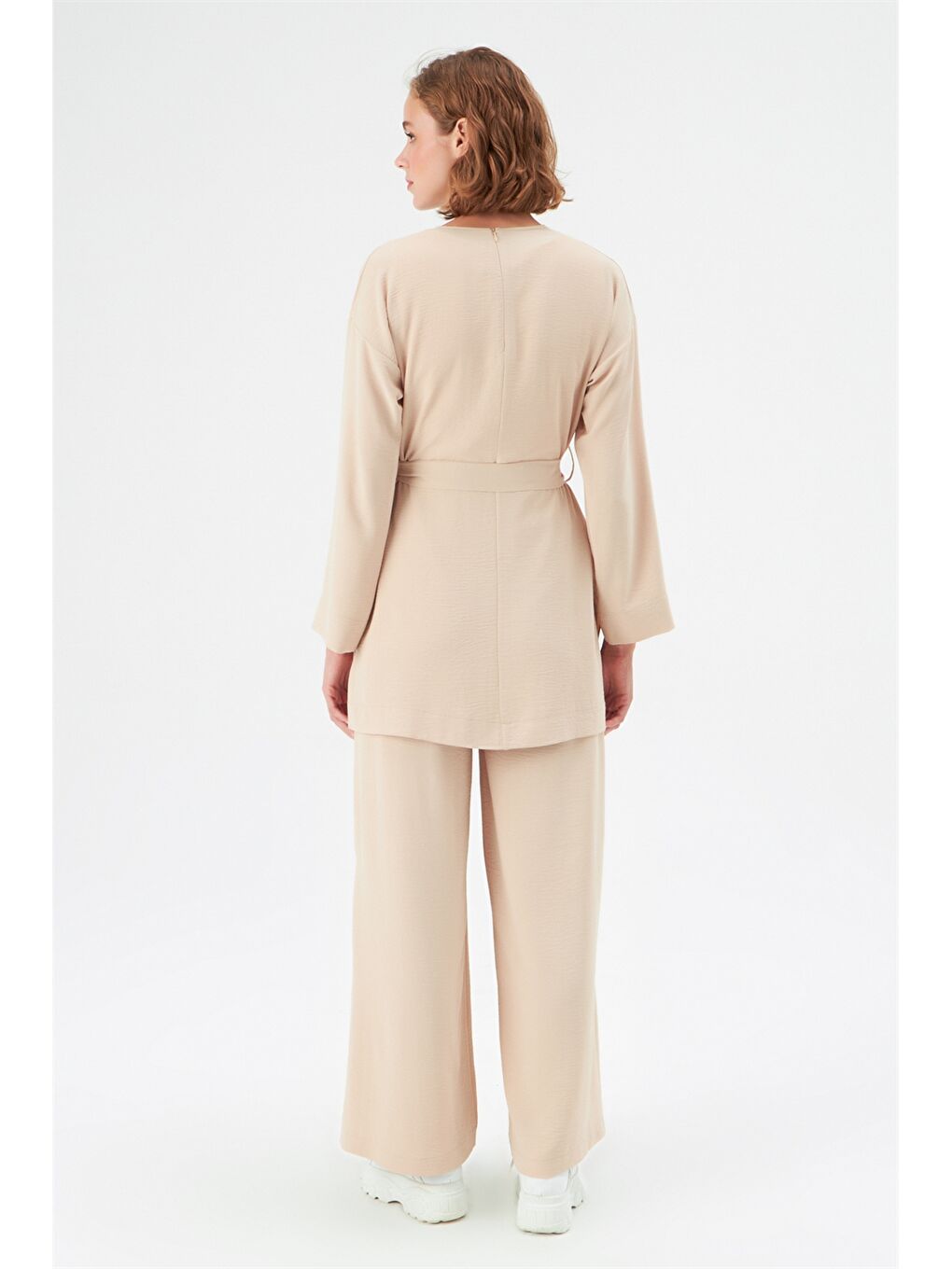 Bej Bisiklet Yaka Düz Uzun Kollu Aerobin Kadın Tunik ve Pantolon Takımı-6