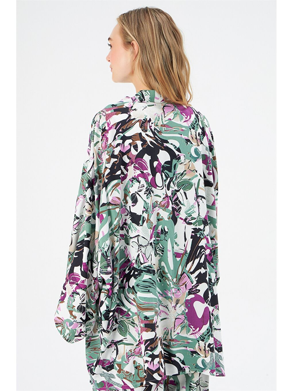 Yeşil Şal Yaka Desenli Uzun Kollu Viskon Kadın Kimono-5