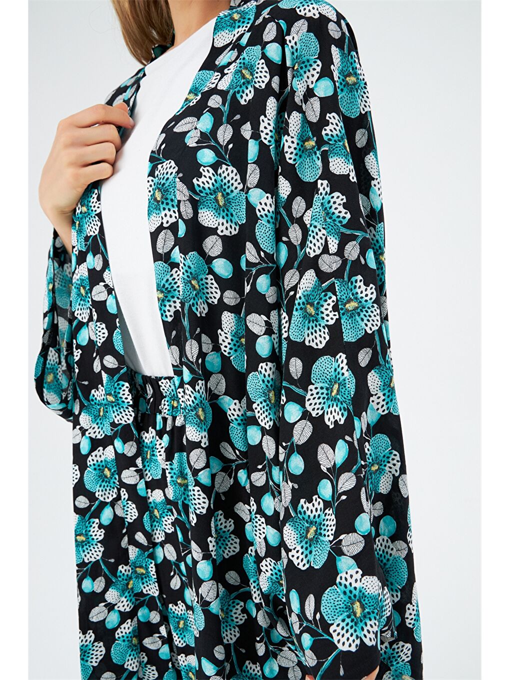 Shawl Collar Patterned Long Sleeve Viscose Women's Kimono-3