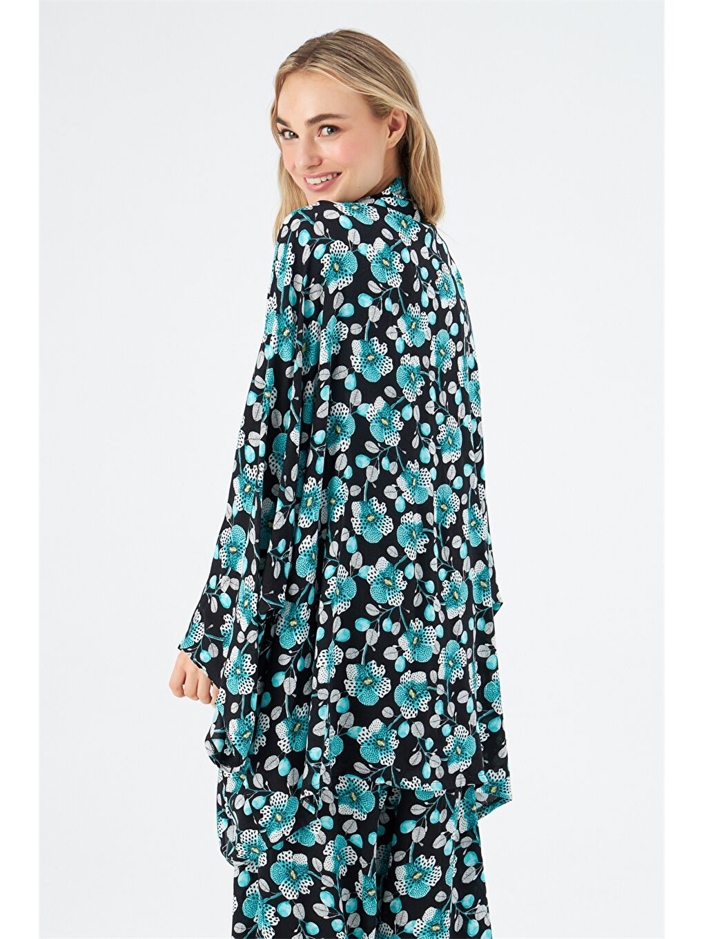 Shawl Collar Patterned Long Sleeve Viscose Women's Kimono-4