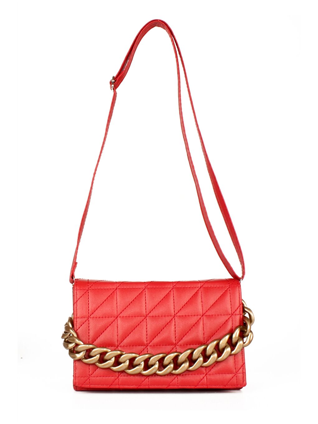 Kırmızı Deri Görünümlü Zincir Detaylı Kadın Omuz Çantası-1