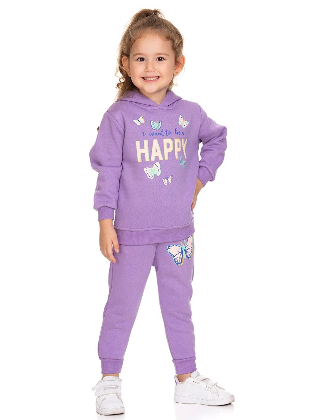 Lila Kapüşonlu Uzun Kollu Baskılı Kız Bebek Sweatshirt ve Jogger Pantolon 2'li Takım