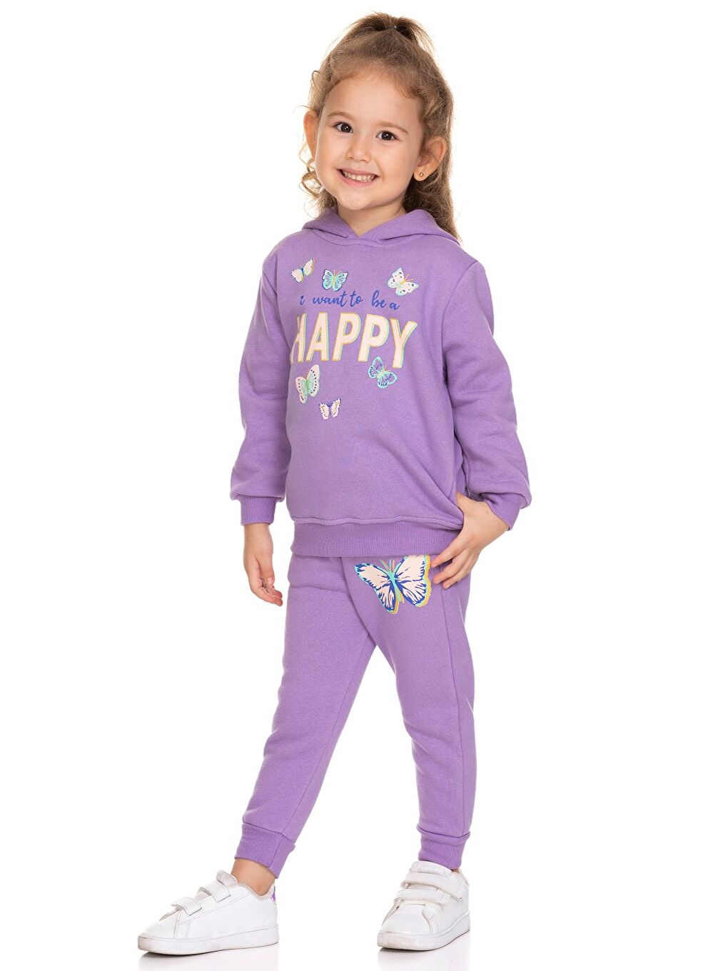 Lila Kapüşonlu Uzun Kollu Baskılı Kız Bebek Sweatshirt ve Jogger Pantolon 2'li Takım-1